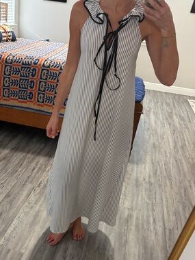 Zara White Maxi Dress with Black Pinstripes and Ruffle Tie